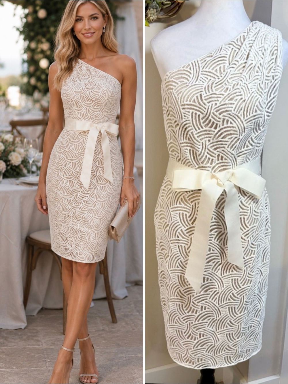 Tadashi Shoji One Shoulder Textured Embroidered Sheath Dress Grosgrain Bow~ 6💛